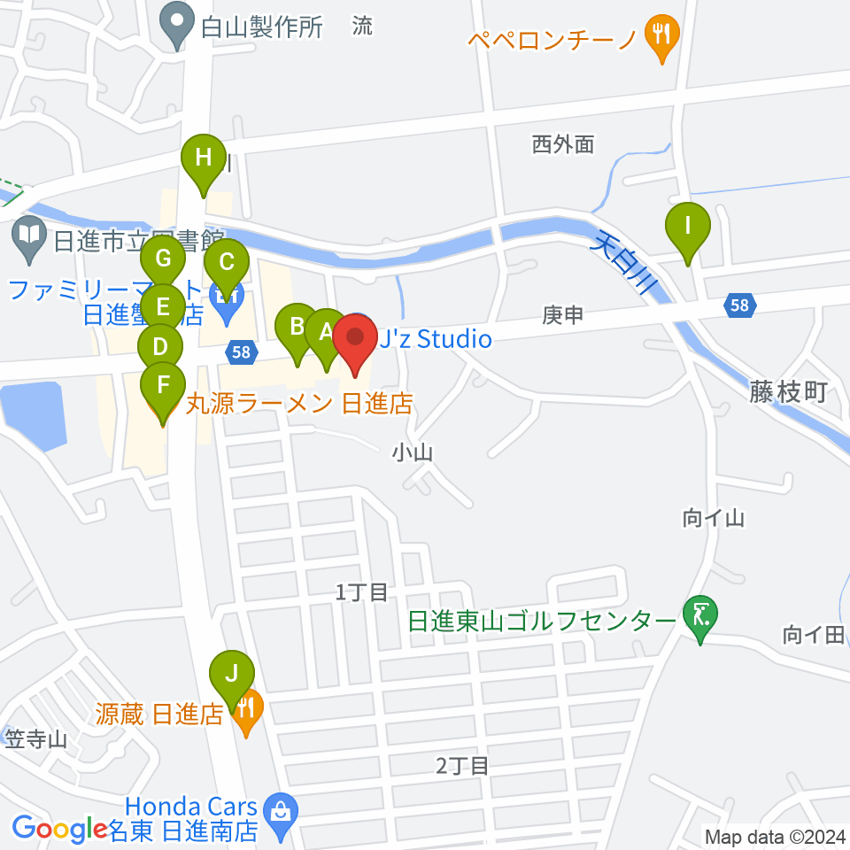 J'z Studio本館周辺のファミレス・ファーストフード一覧地図