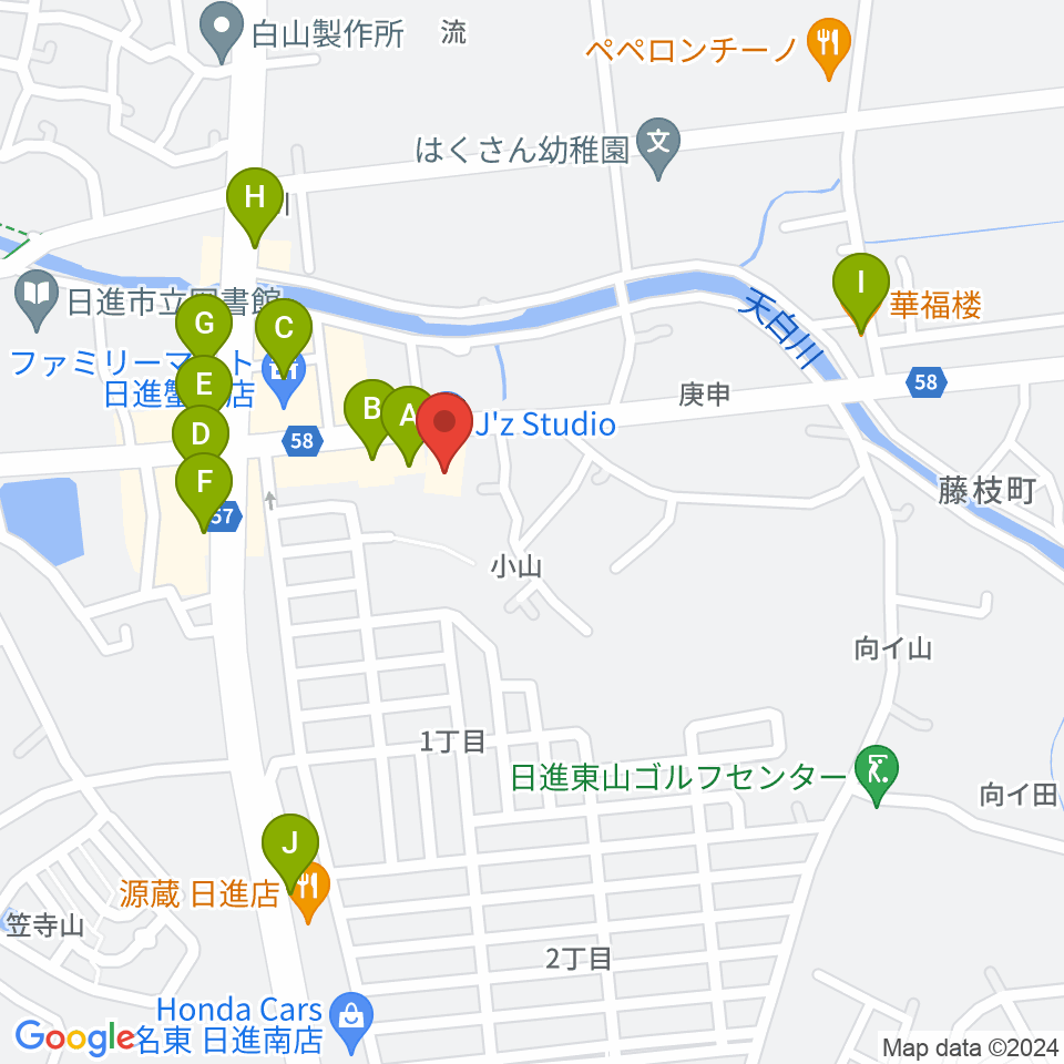 J'z Studio本館周辺のファミレス・ファーストフード一覧地図