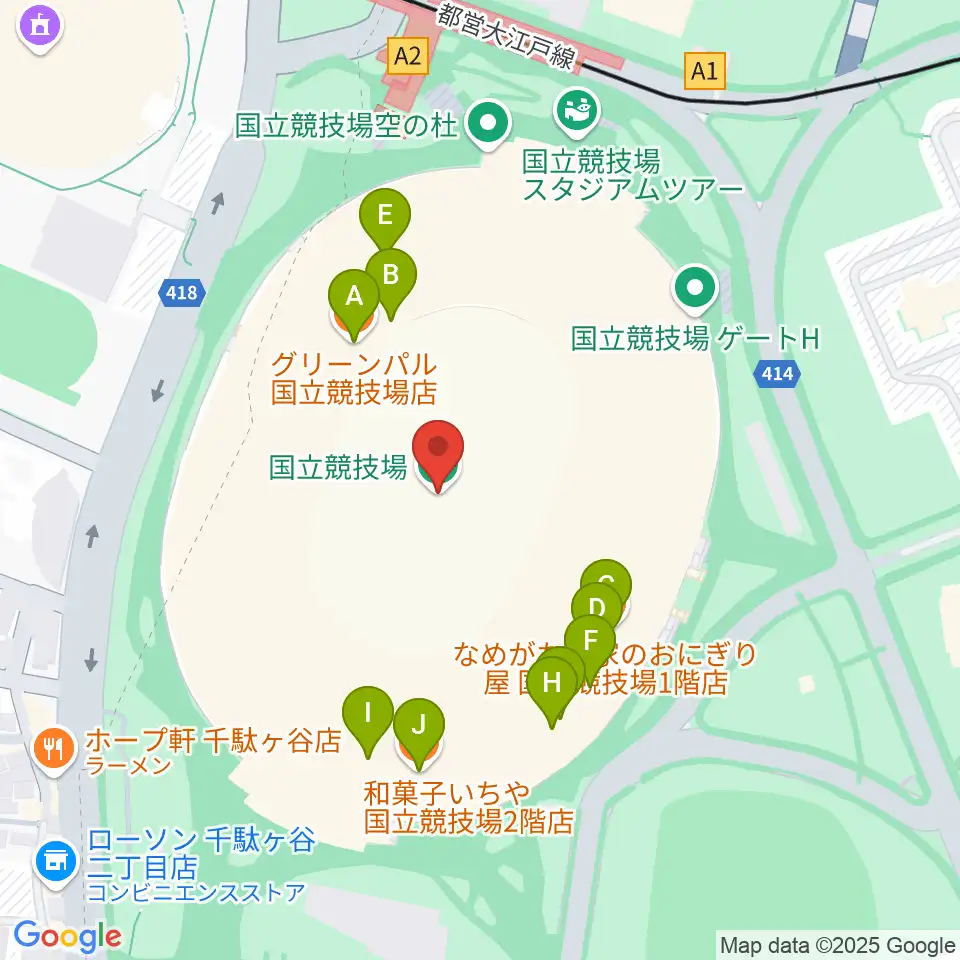 国立競技場周辺のファミレス・ファーストフード一覧地図