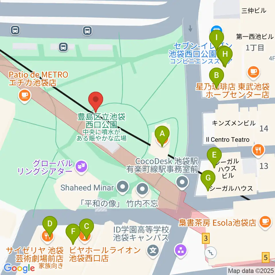 池袋西口グローバルリング周辺のファミレス・ファーストフード一覧地図