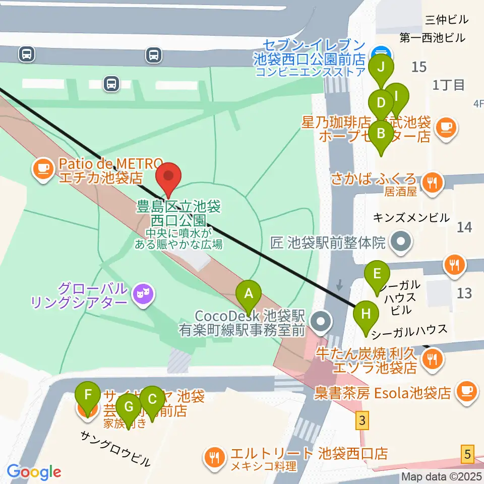 池袋西口グローバルリング周辺のファミレス・ファーストフード一覧地図