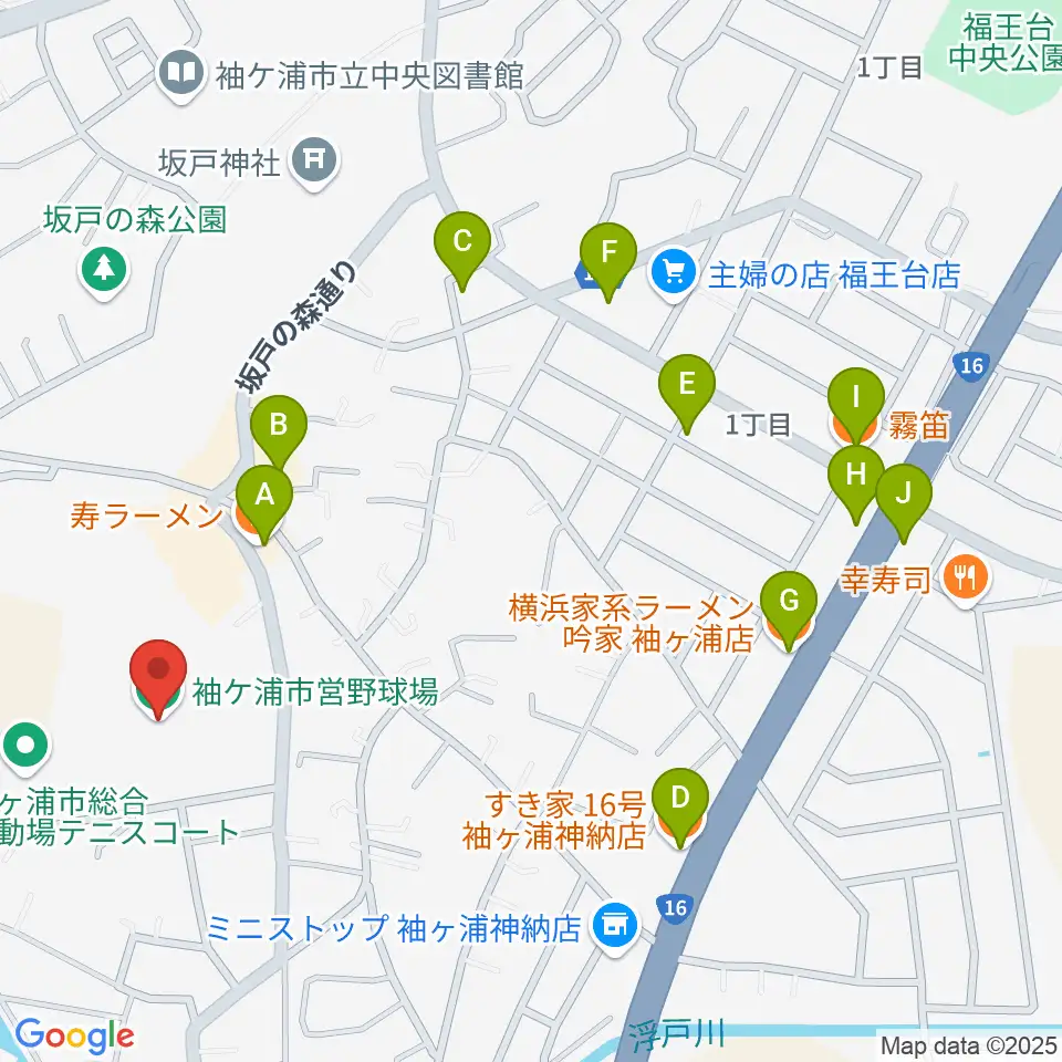 袖ケ浦市営野球場周辺のファミレス・ファーストフード一覧地図
