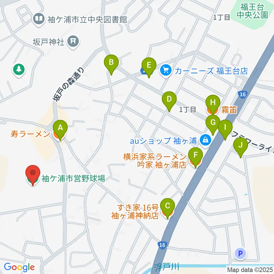 袖ケ浦市営野球場周辺のファミレス・ファーストフード一覧地図