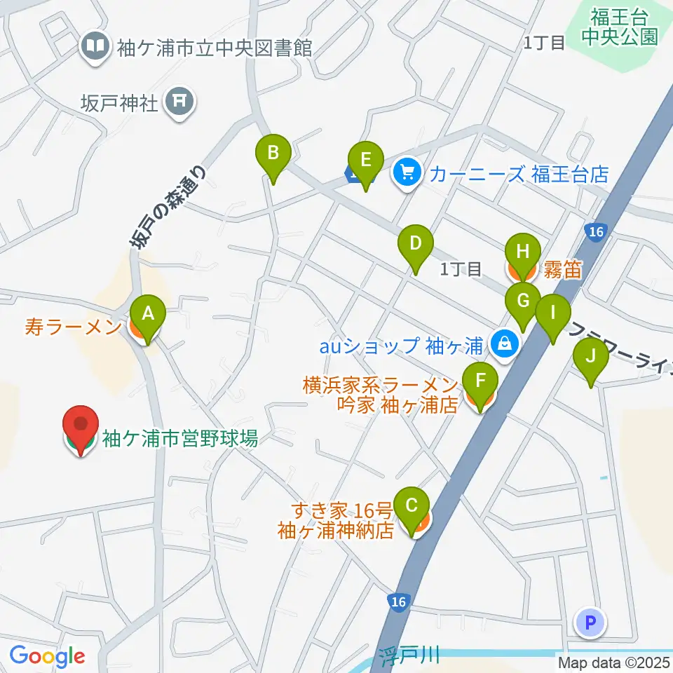 袖ケ浦市営野球場周辺のファミレス・ファーストフード一覧地図