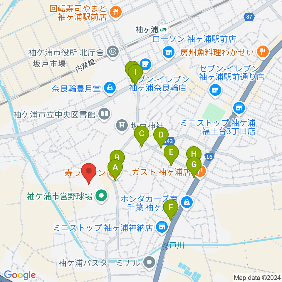 袖ケ浦市総合運動場陸上競技場周辺のファミレス・ファーストフード一覧地図