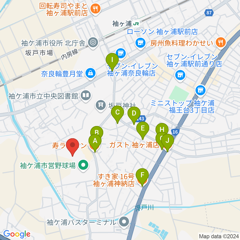 袖ケ浦市総合運動場陸上競技場周辺のファミレス・ファーストフード一覧地図