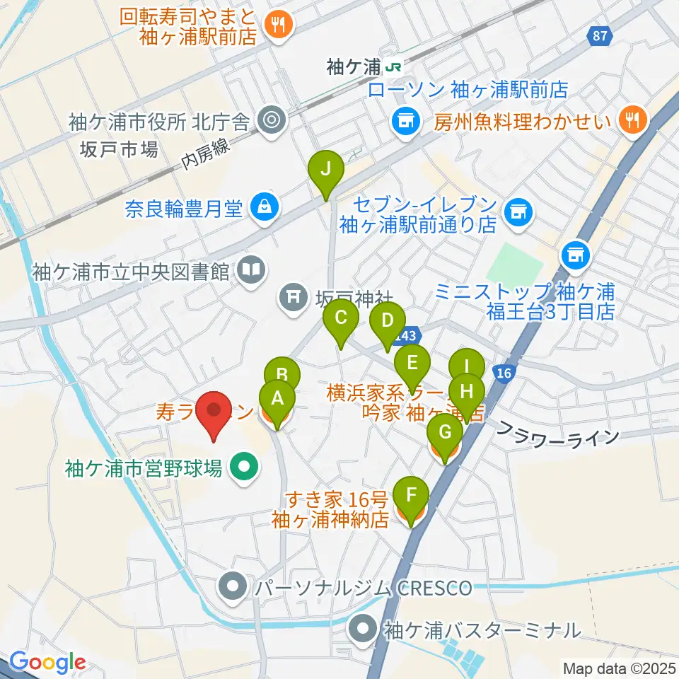 袖ケ浦市総合運動場陸上競技場周辺のファミレス・ファーストフード一覧地図