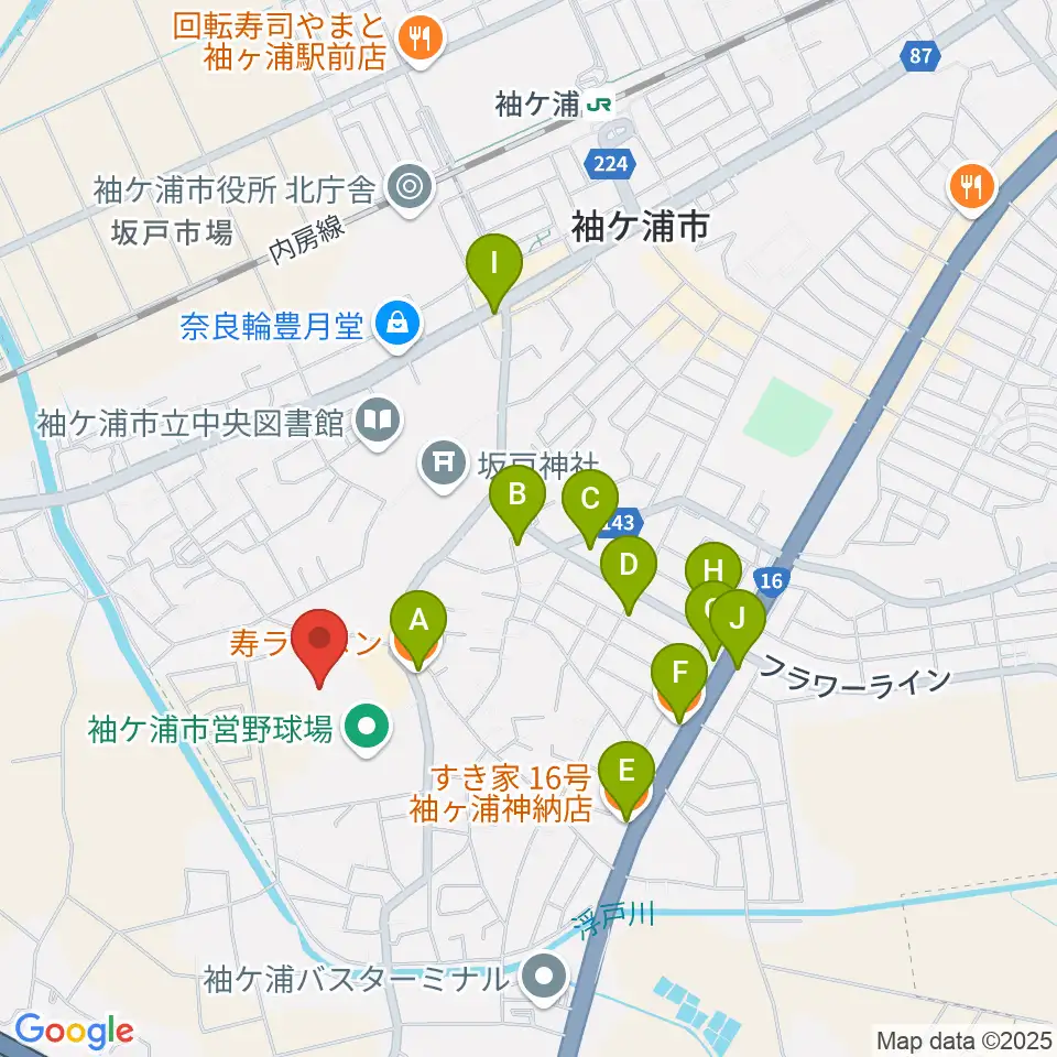 袖ケ浦市総合運動場陸上競技場周辺のファミレス・ファーストフード一覧地図