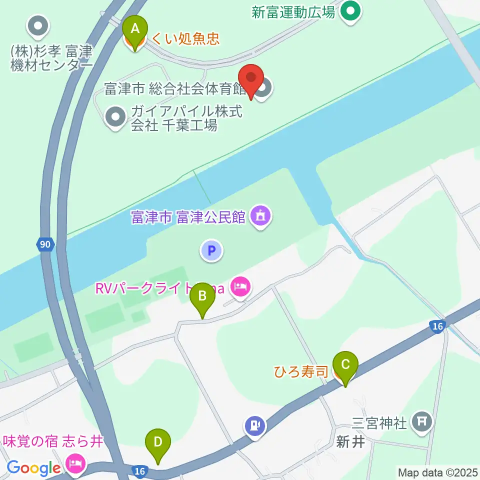 富津市総合社会体育館周辺のファミレス・ファーストフード一覧地図