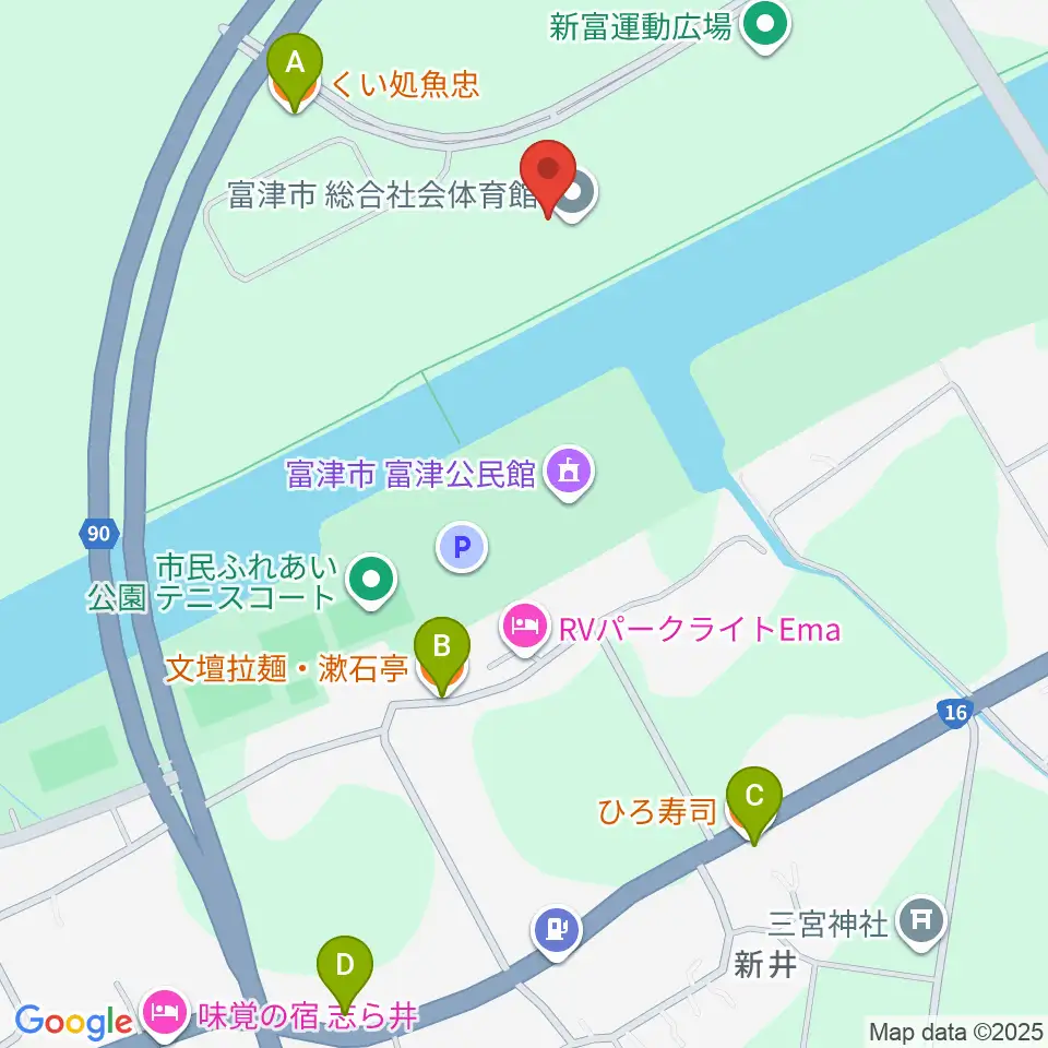 富津市総合社会体育館周辺のファミレス・ファーストフード一覧地図