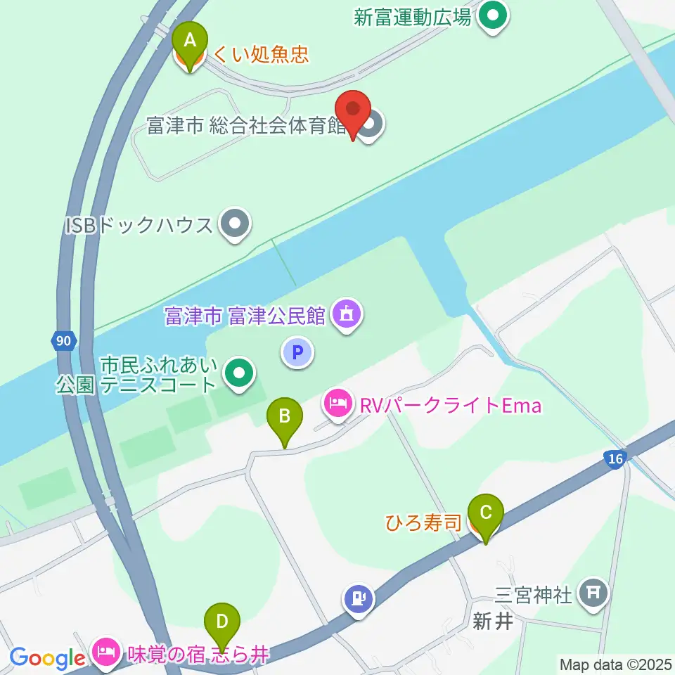 富津市総合社会体育館周辺のファミレス・ファーストフード一覧地図