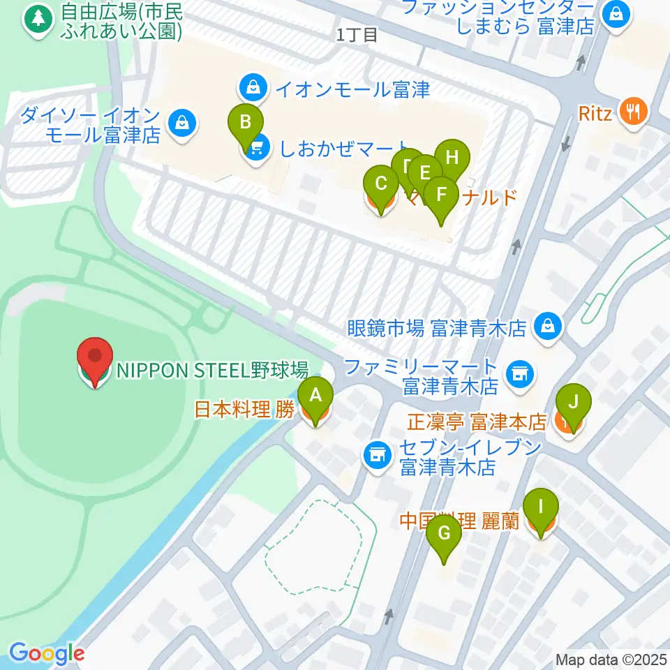 NIPPON STEEL 野球場周辺のファミレス・ファーストフード一覧地図