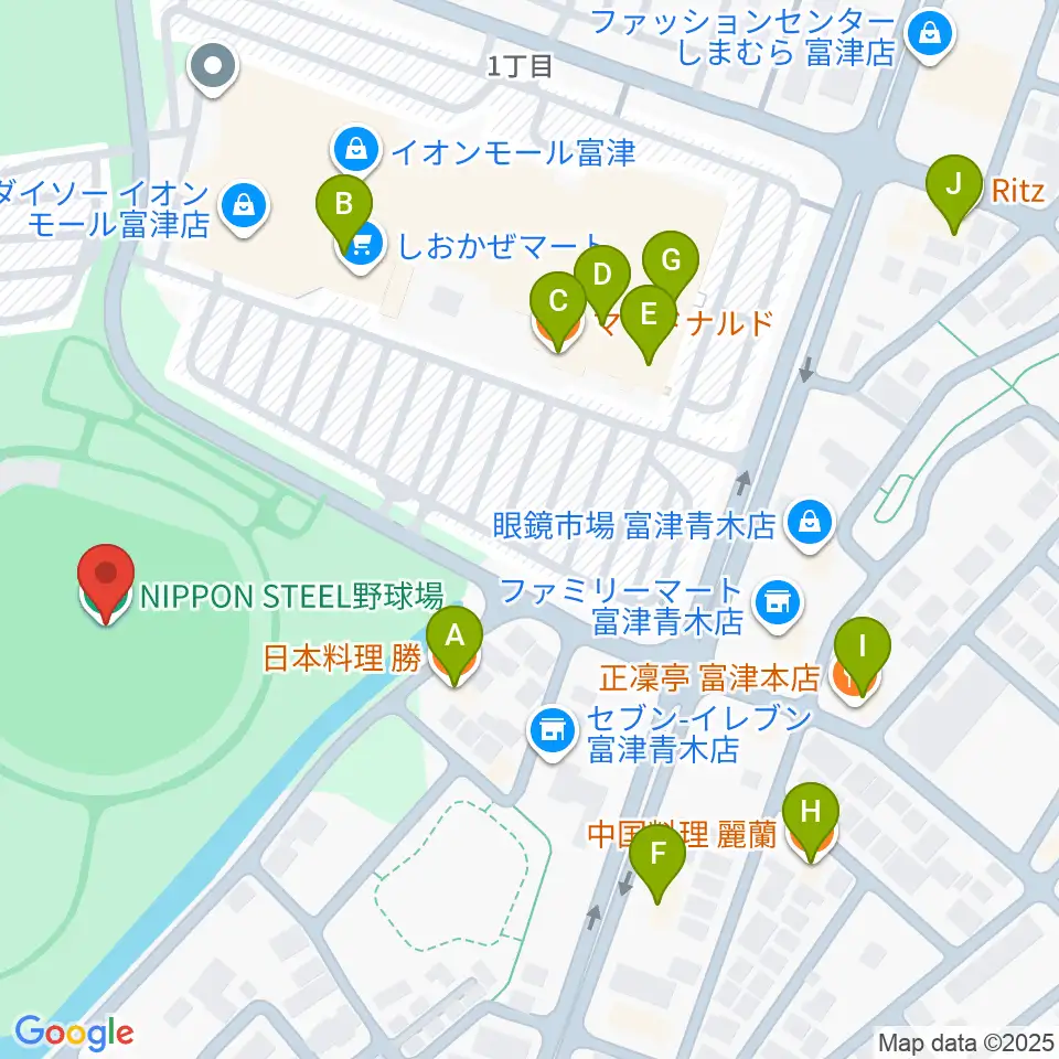 NIPPON STEEL 野球場周辺のファミレス・ファーストフード一覧地図