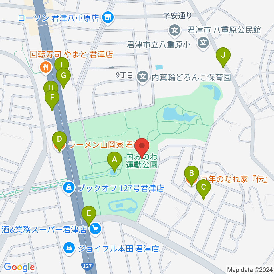 内みのわ運動公園市民体育館周辺のファミレス・ファーストフード一覧地図