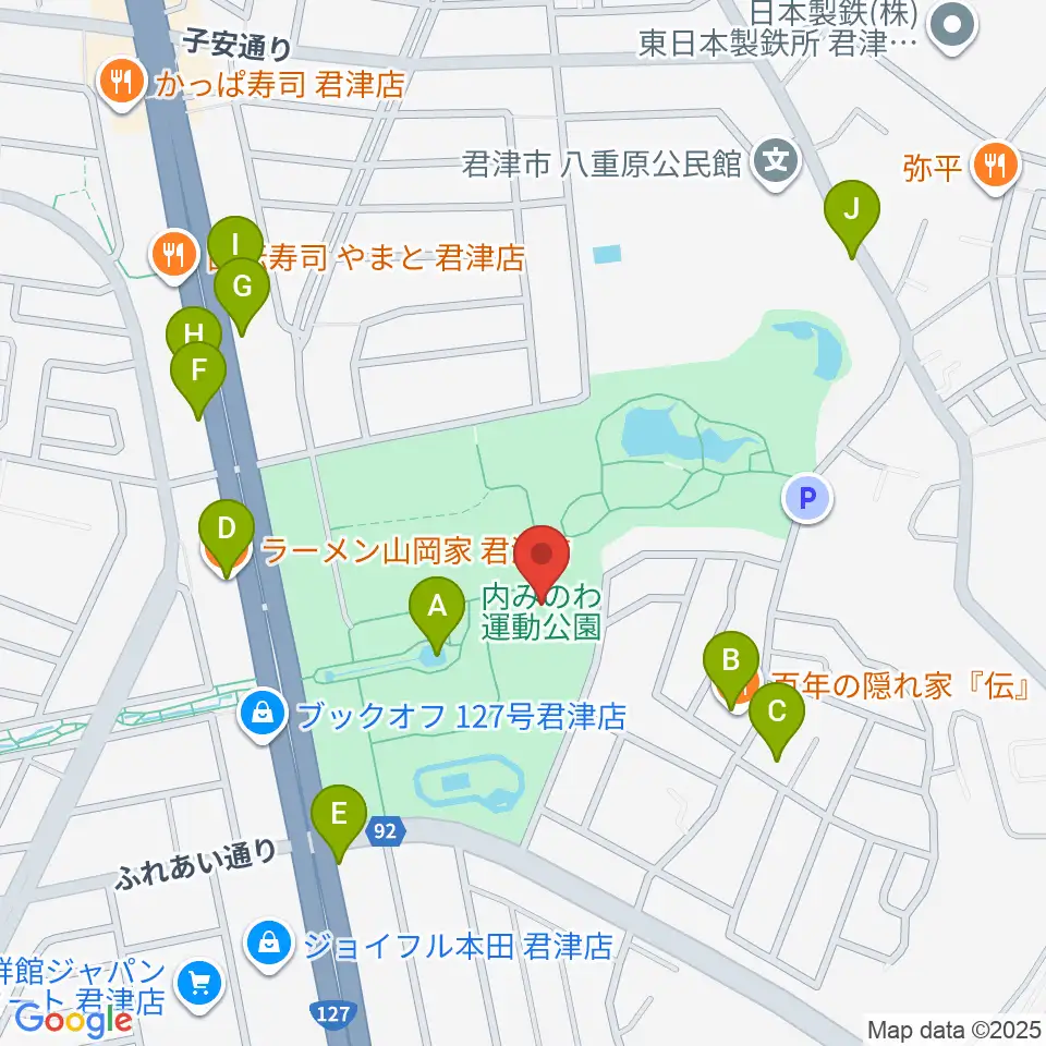 内みのわ運動公園市民体育館周辺のファミレス・ファーストフード一覧地図