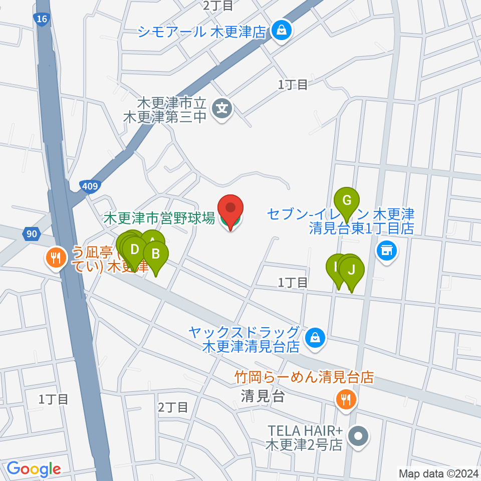 木更市営野球場周辺のファミレス・ファーストフード一覧地図