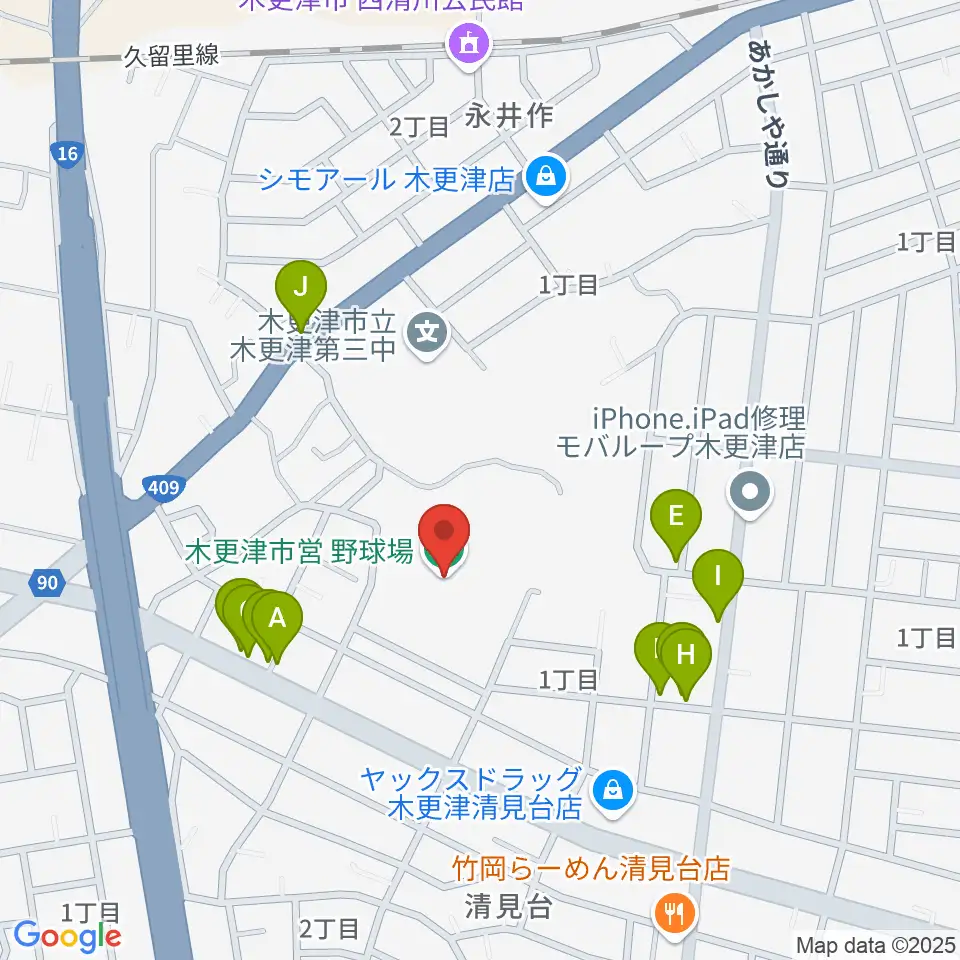 木更市営野球場周辺のファミレス・ファーストフード一覧地図