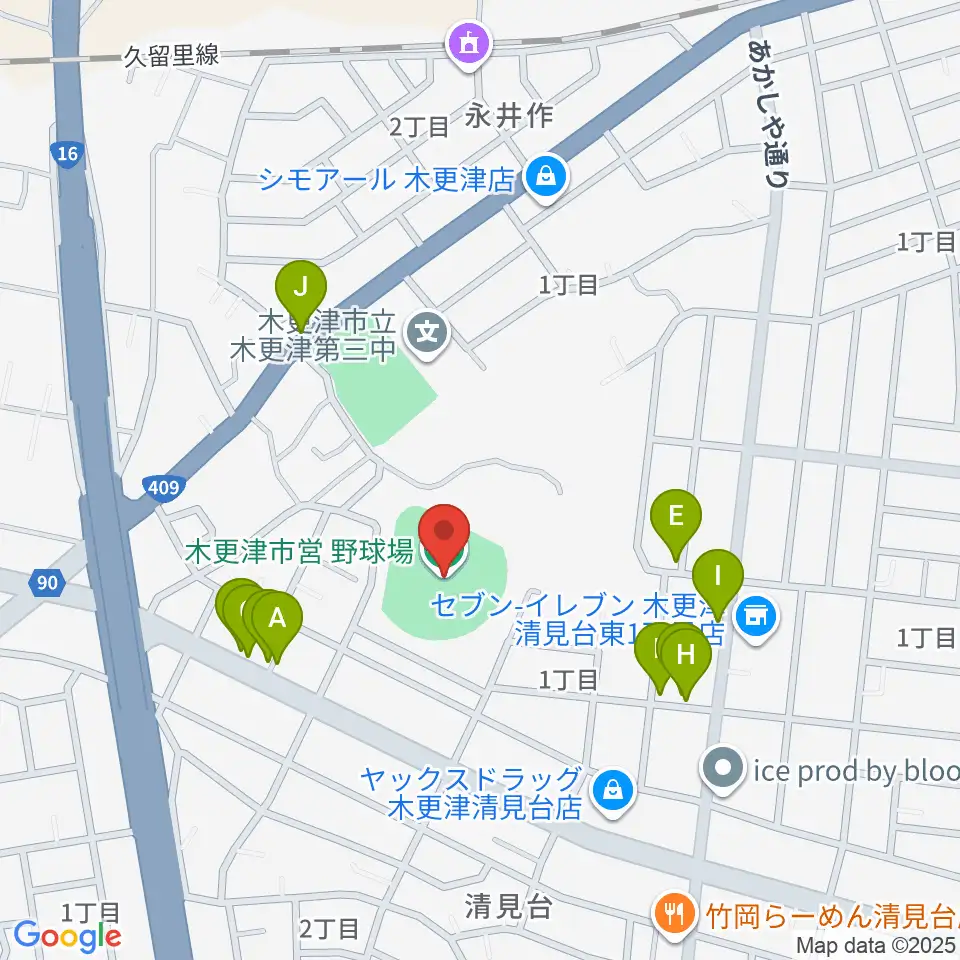 木更市営野球場周辺のファミレス・ファーストフード一覧地図
