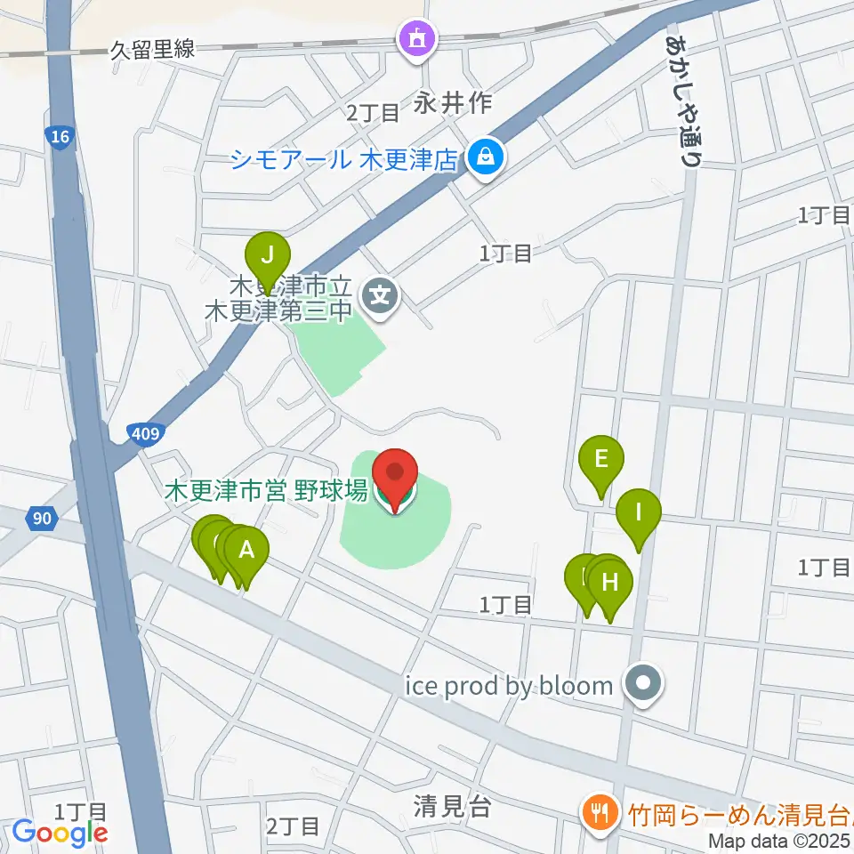 木更市営野球場周辺のファミレス・ファーストフード一覧地図