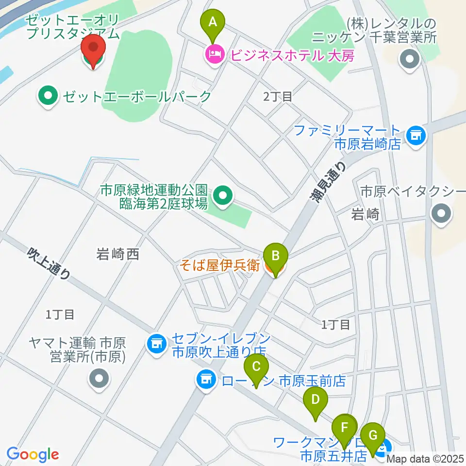 ゼットエーオリプリスタジアム周辺のファミレス・ファーストフード一覧地図