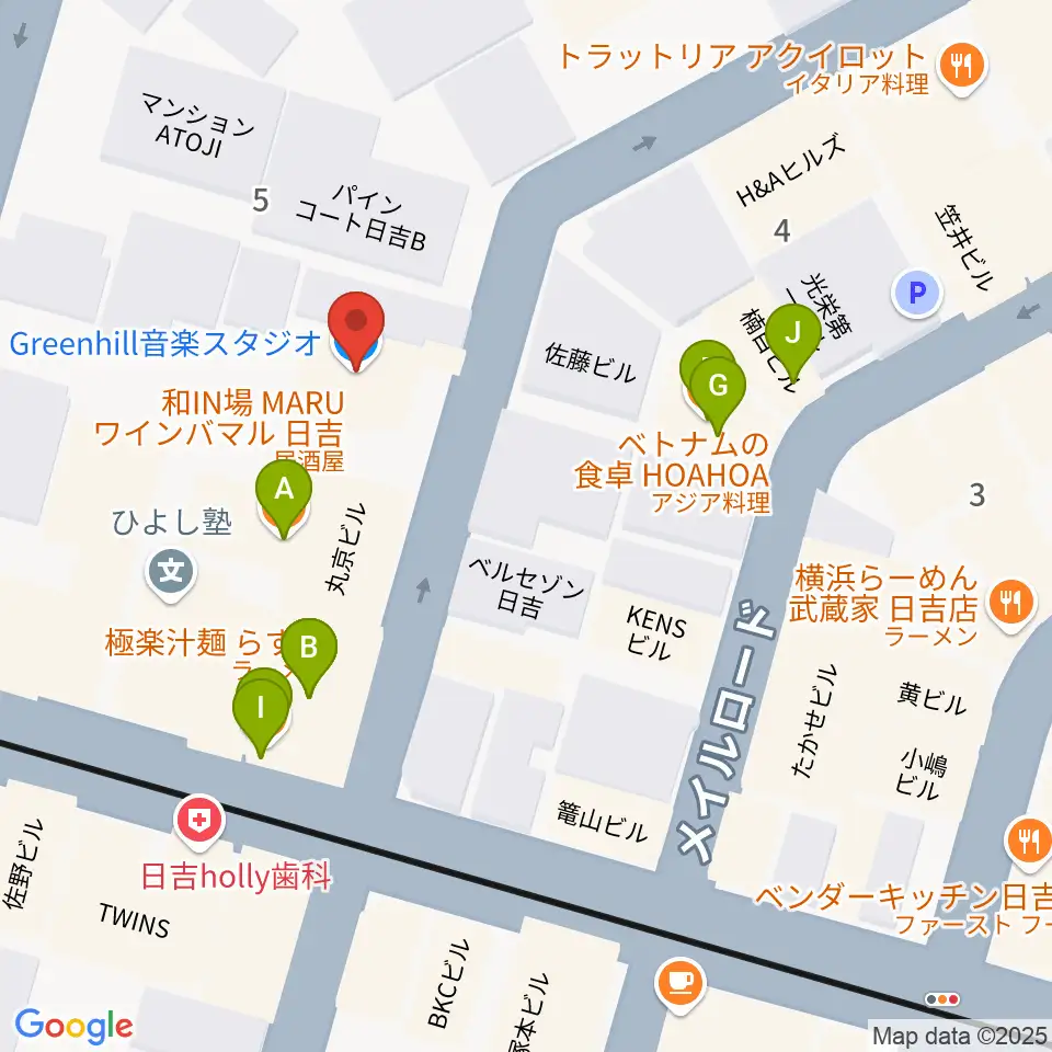 グリーンヒル音楽スタジオ周辺のファミレス・ファーストフード一覧地図