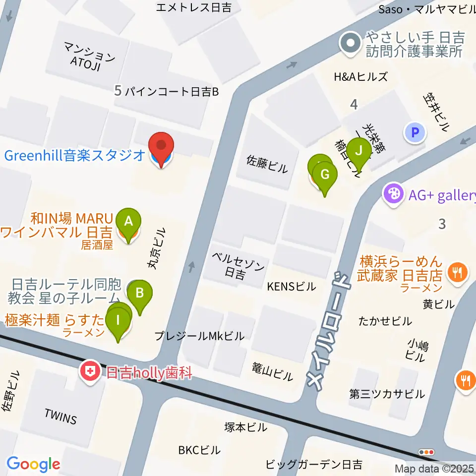 グリーンヒル音楽スタジオ周辺のファミレス・ファーストフード一覧地図