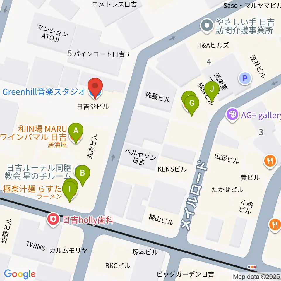 グリーンヒル音楽スタジオ周辺のファミレス・ファーストフード一覧地図