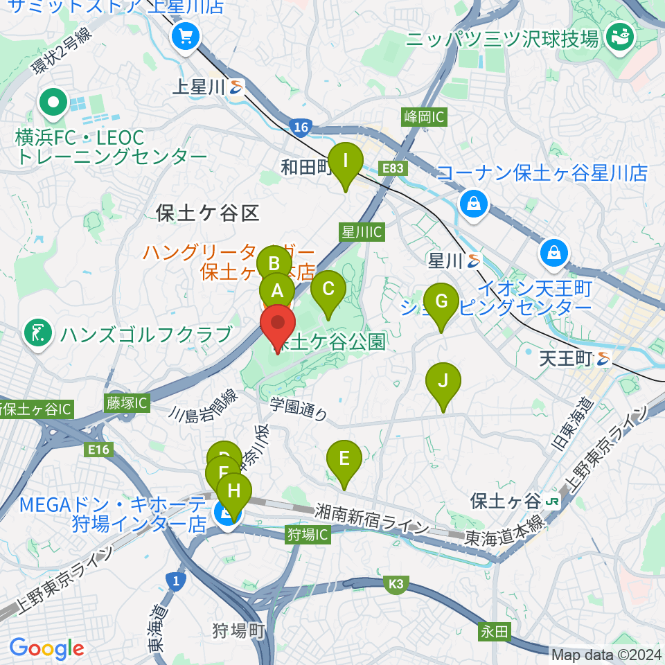 サーティーフォー保土ケ谷球場周辺のファミレス・ファーストフード一覧地図