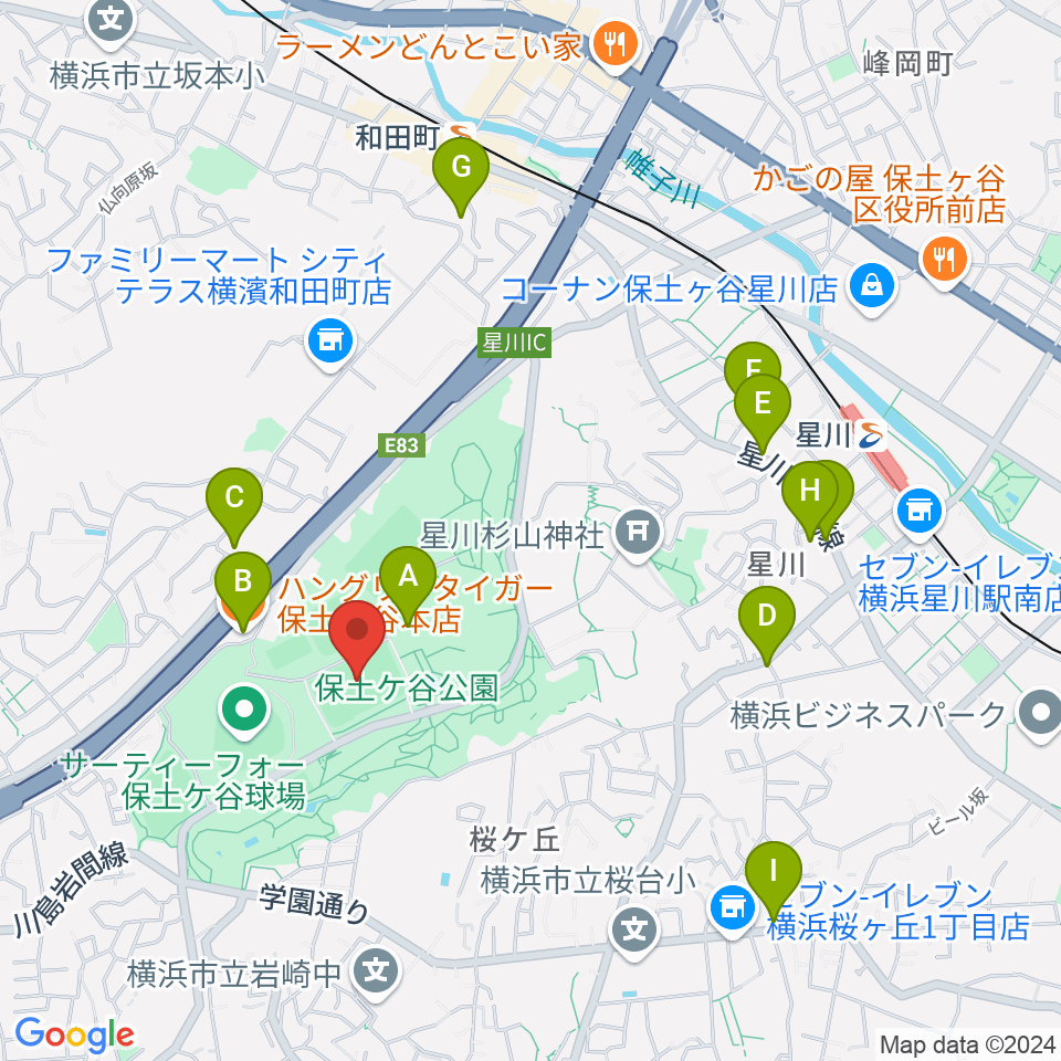 保土ケ谷公園サッカー場周辺のファミレス・ファーストフード一覧地図