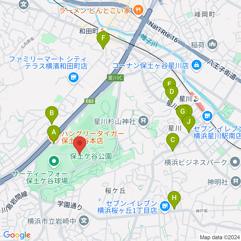 保土ケ谷公園サッカー場周辺のファミレス・ファーストフード一覧地図