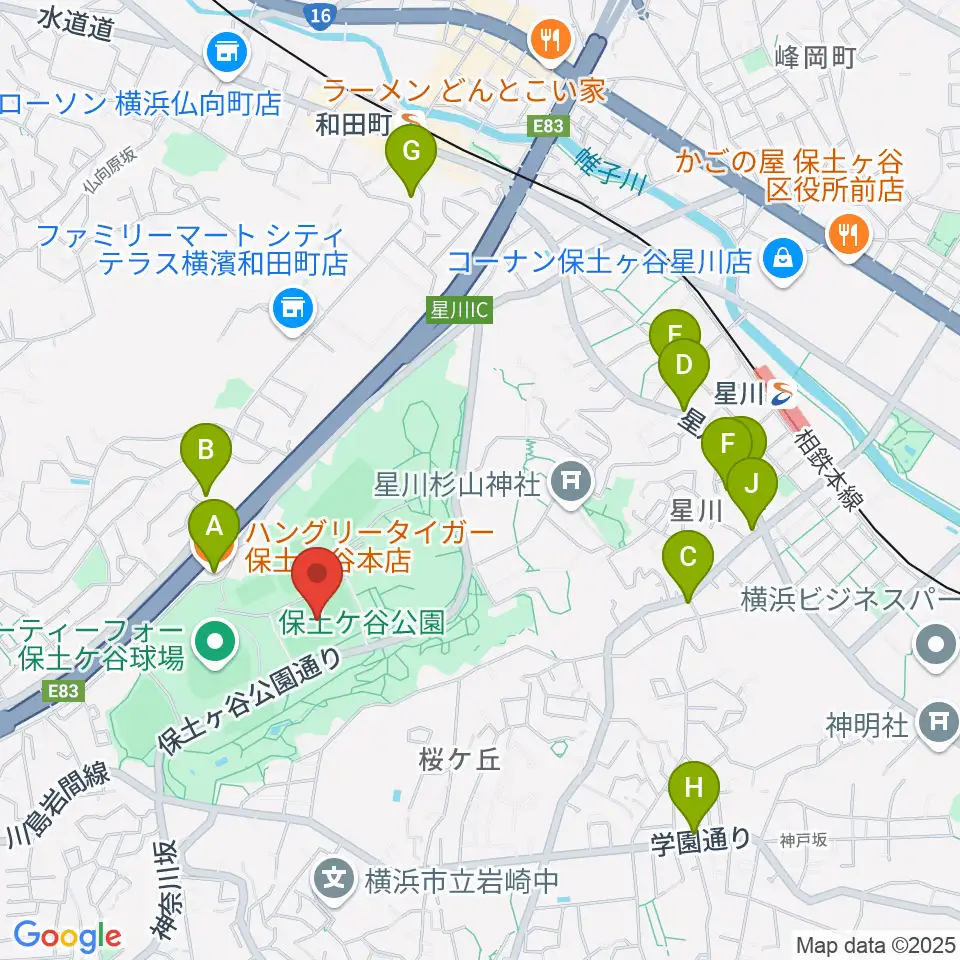 保土ケ谷公園サッカー場周辺のファミレス・ファーストフード一覧地図