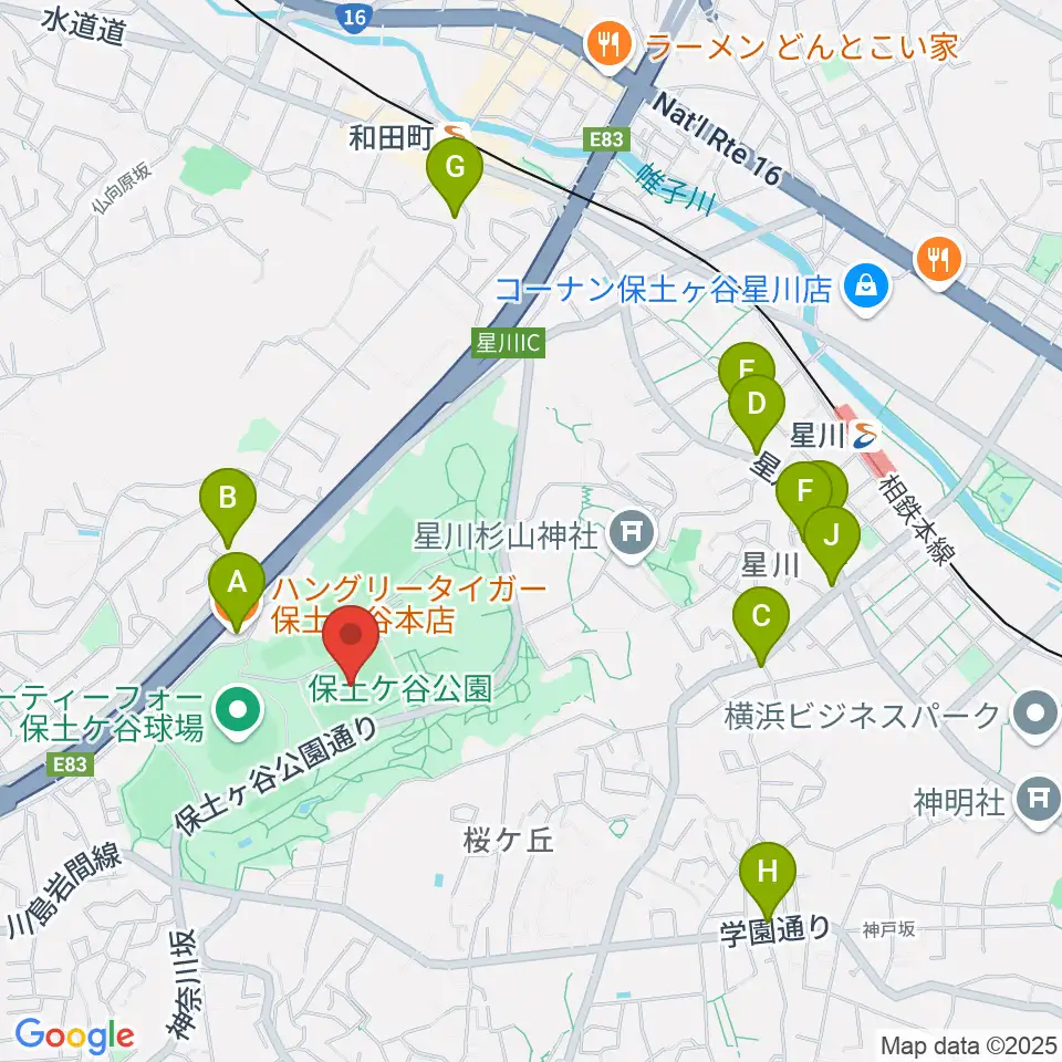 保土ケ谷公園サッカー場周辺のファミレス・ファーストフード一覧地図