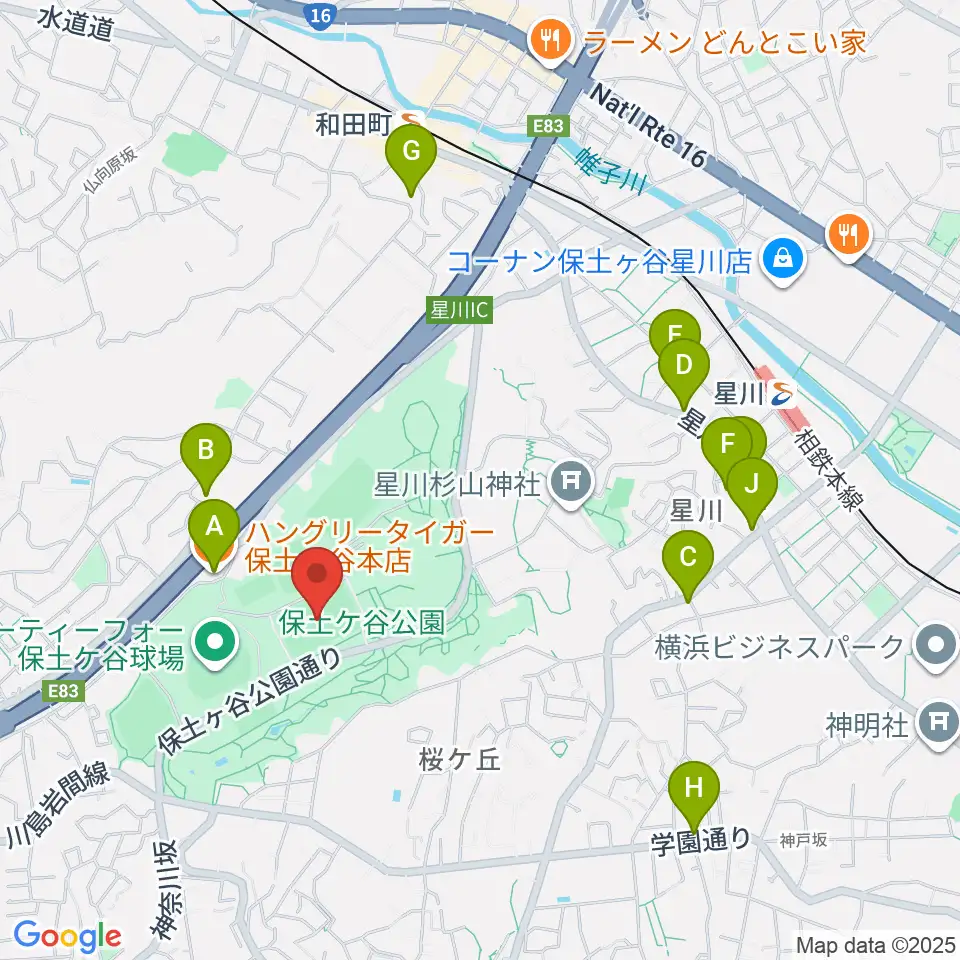 保土ケ谷公園サッカー場周辺のファミレス・ファーストフード一覧地図