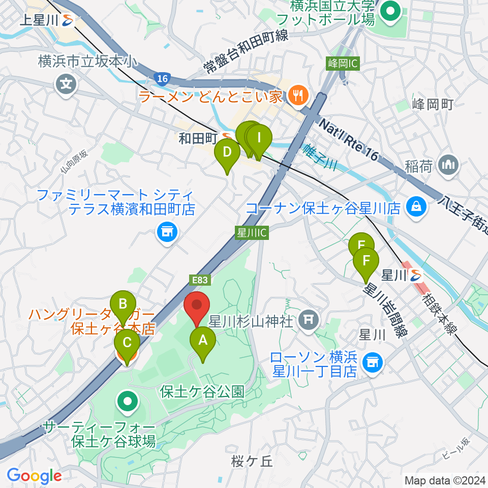 保土ケ谷公園ラグビー場周辺のファミレス・ファーストフード一覧地図