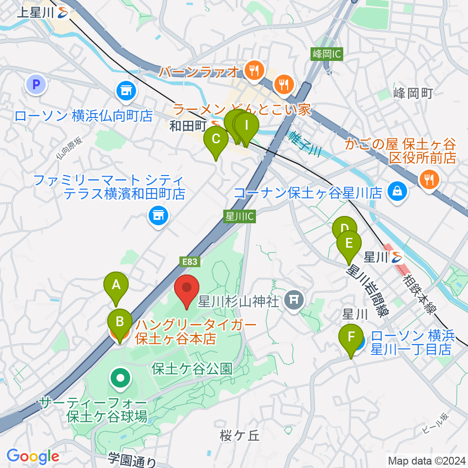 保土ケ谷公園ラグビー場周辺のファミレス・ファーストフード一覧地図