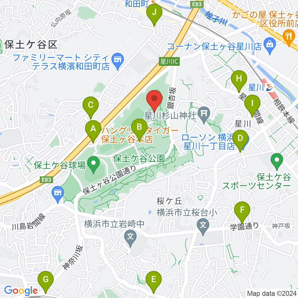 保土ケ谷公園体育館周辺のファミレス・ファーストフード一覧地図