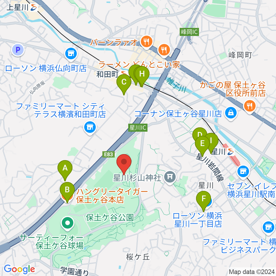 保土ケ谷公園体育館周辺のファミレス・ファーストフード一覧地図