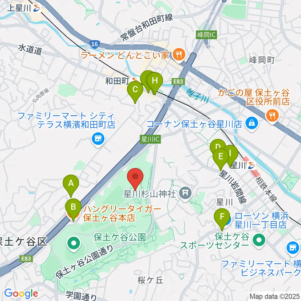 保土ケ谷公園体育館周辺のファミレス・ファーストフード一覧地図