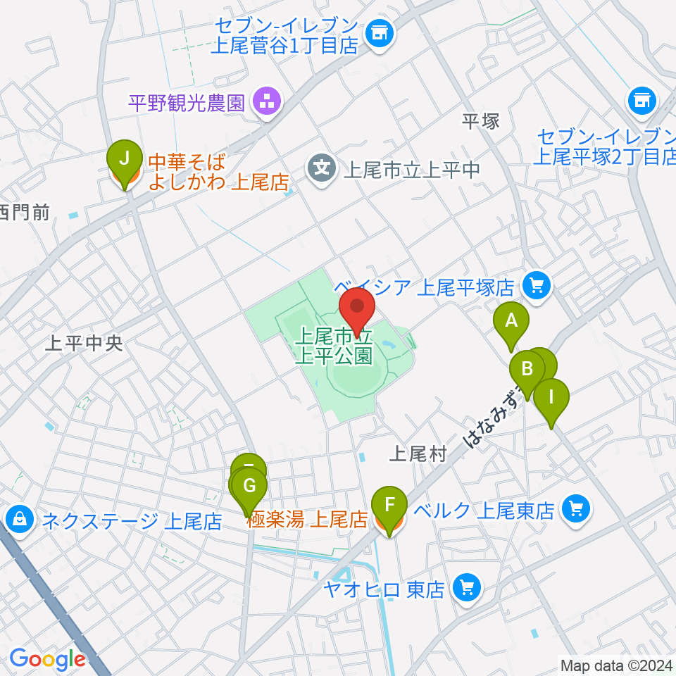 UDトラックス上尾スタジアム周辺のファミレス・ファーストフード一覧地図