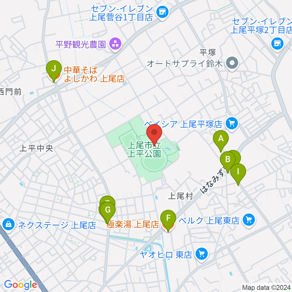 UDトラックス上尾スタジアム周辺のファミレス・ファーストフード一覧地図