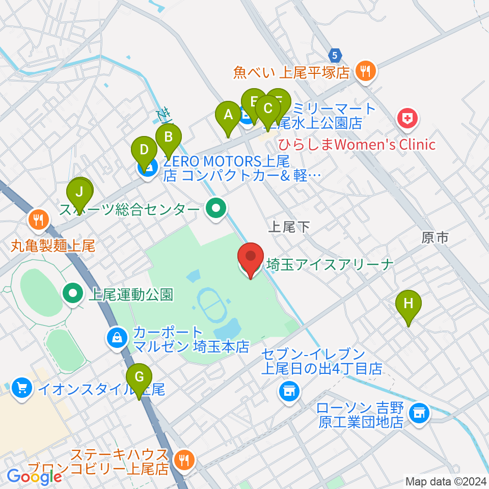 埼玉アイスアリーナ周辺のファミレス・ファーストフード一覧地図