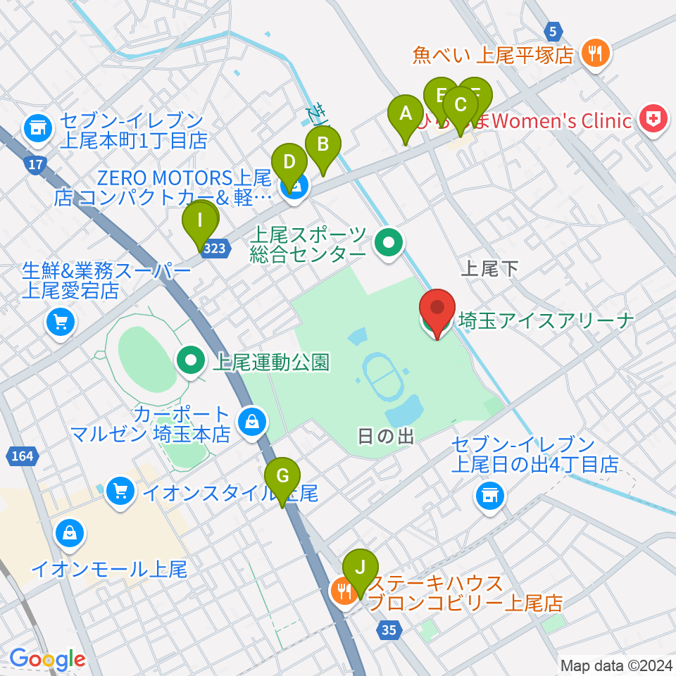 埼玉アイスアリーナ周辺のファミレス・ファーストフード一覧地図