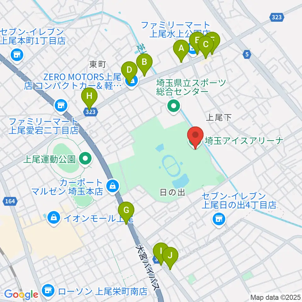 埼玉アイスアリーナ周辺のファミレス・ファーストフード一覧地図
