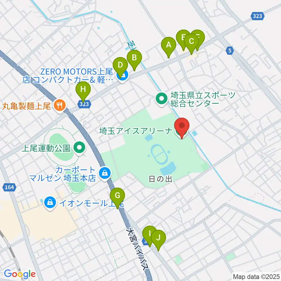 埼玉アイスアリーナ周辺のファミレス・ファーストフード一覧地図