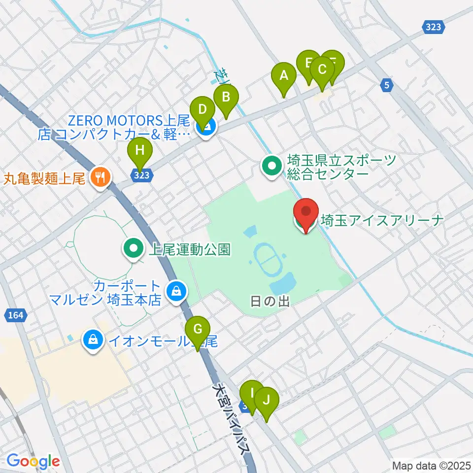 埼玉アイスアリーナ周辺のファミレス・ファーストフード一覧地図