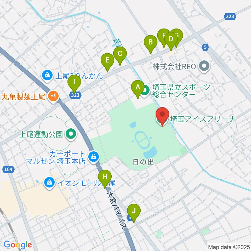 埼玉アイスアリーナ周辺のファミレス・ファーストフード一覧地図