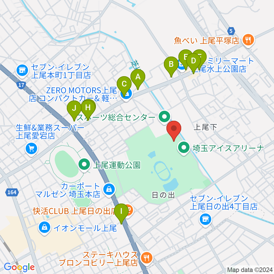 埼玉県立武道館周辺のファミレス・ファーストフード一覧地図