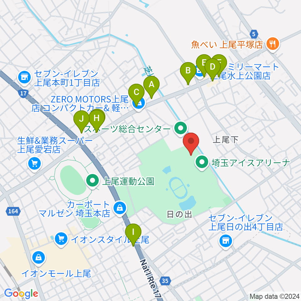 埼玉県立武道館周辺のファミレス・ファーストフード一覧地図