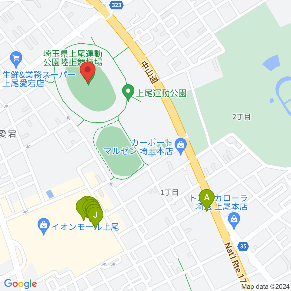 上尾運動公園陸上競技場周辺のファミレス・ファーストフード一覧地図