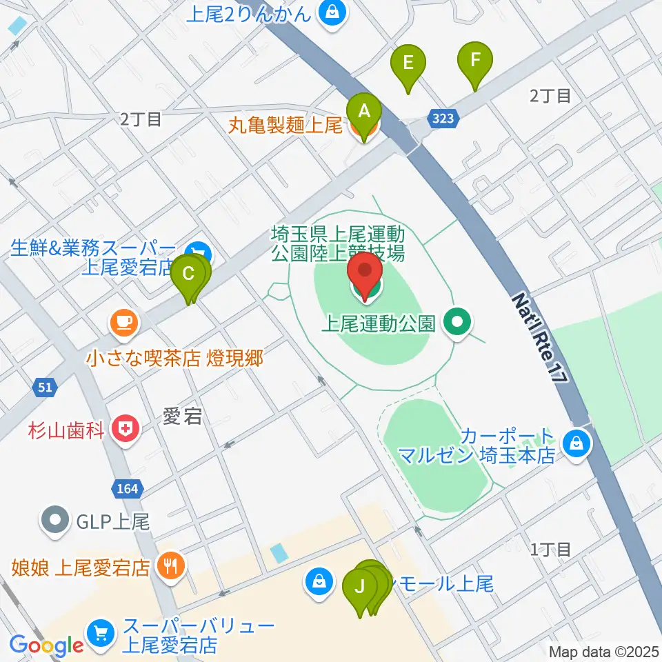 上尾運動公園陸上競技場周辺のファミレス・ファーストフード一覧地図